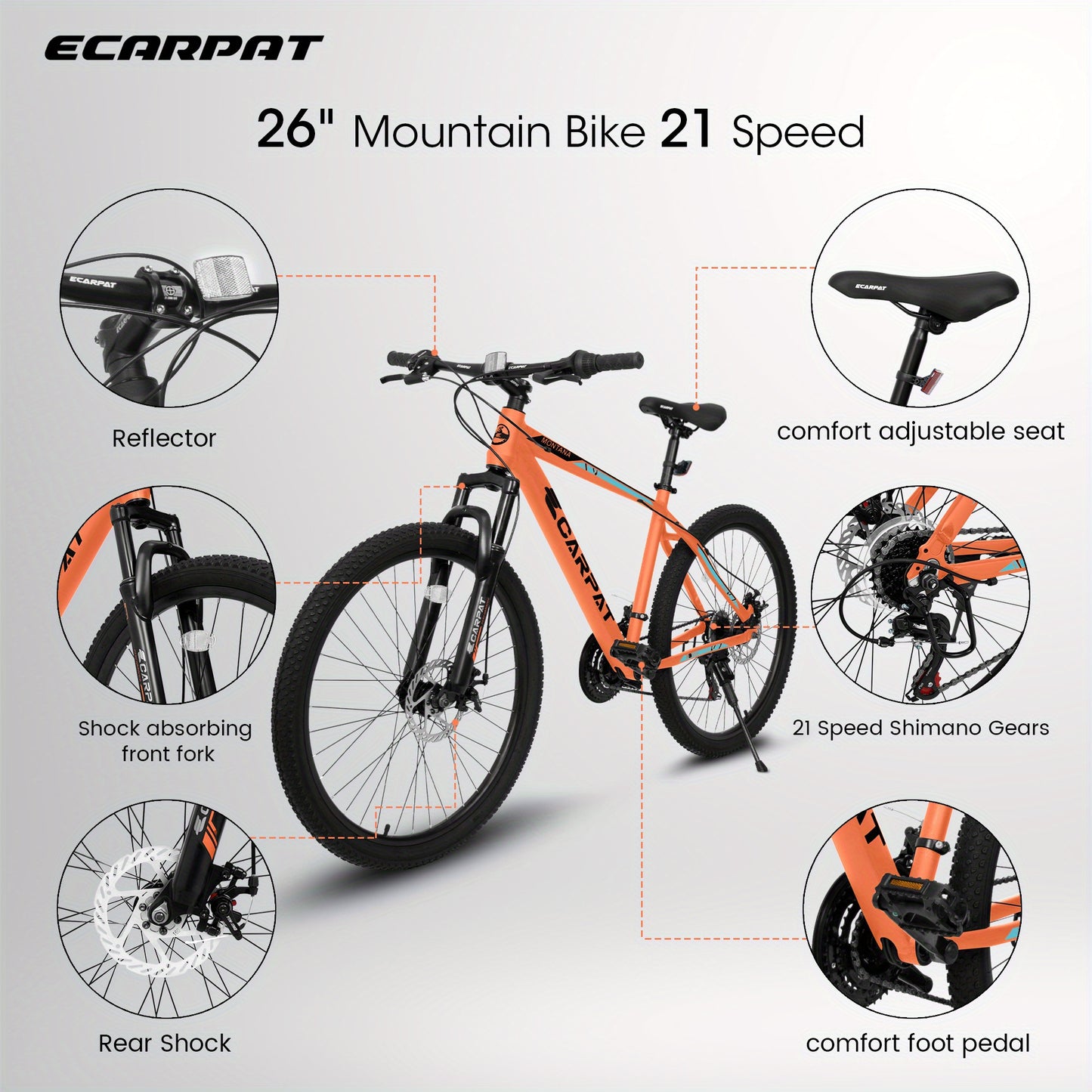 ECARPAT 26-inch Mountain Bike, Adult Aluminum Frame, Shock-Absorbing Front Fork, 21-Speed Disc Brake MTB, City Commuter Bicycle