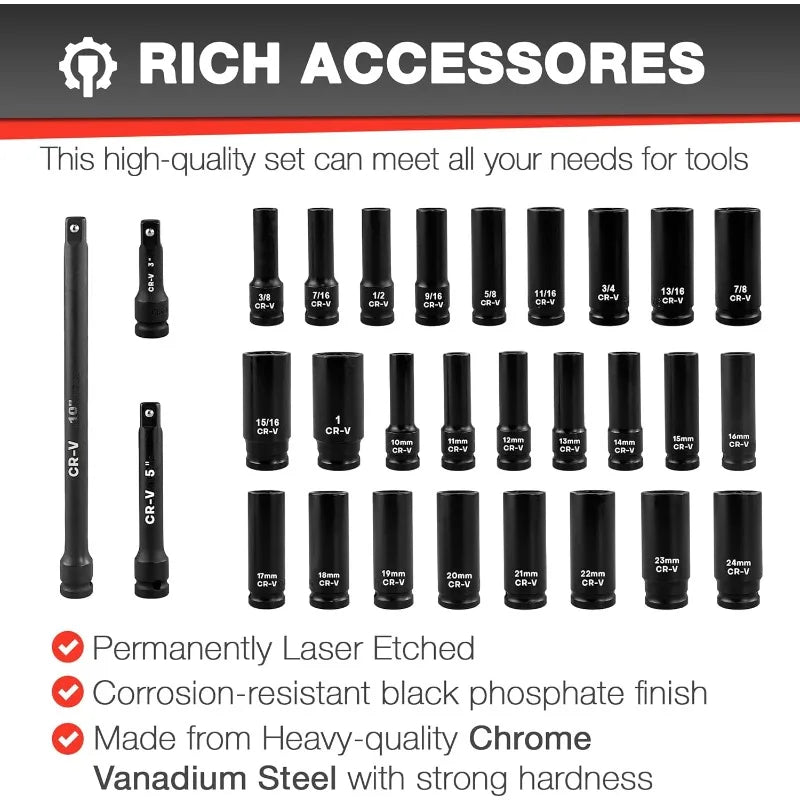 29pcs 1/2" Socket Set, Drive Deep Impact Socket Set, Including 3 ", 5", 10" Impact Extension Bar, Standard SAE (3/8 " - 1") - Walmarkettt.com
