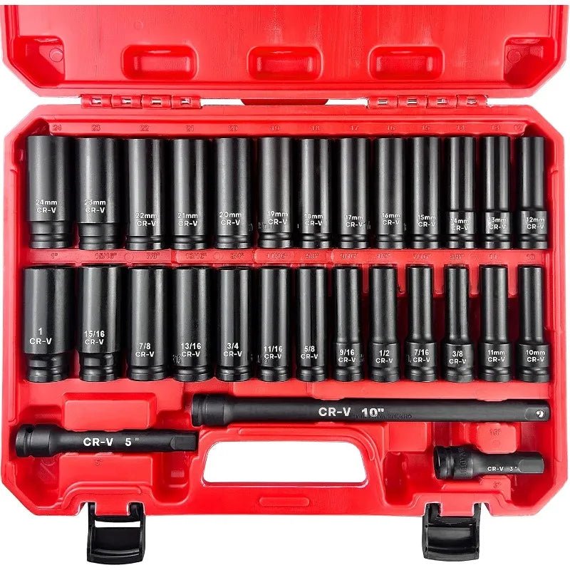 29pcs 1/2" Socket Set, Drive Deep Impact Socket Set, Including 3 ", 5", 10" Impact Extension Bar, Standard SAE (3/8 " - 1") - Walmarkettt.com