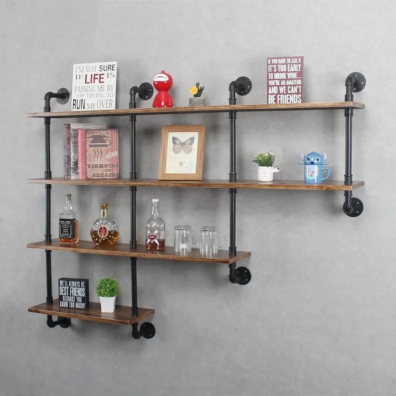 4 - Tiers 63inch Industrial Pipe Shelving,Rustic Floating Shelves,Shelves Wall Mount With Wine Rack,Decorative Accent Wall - Walmarkettt.com