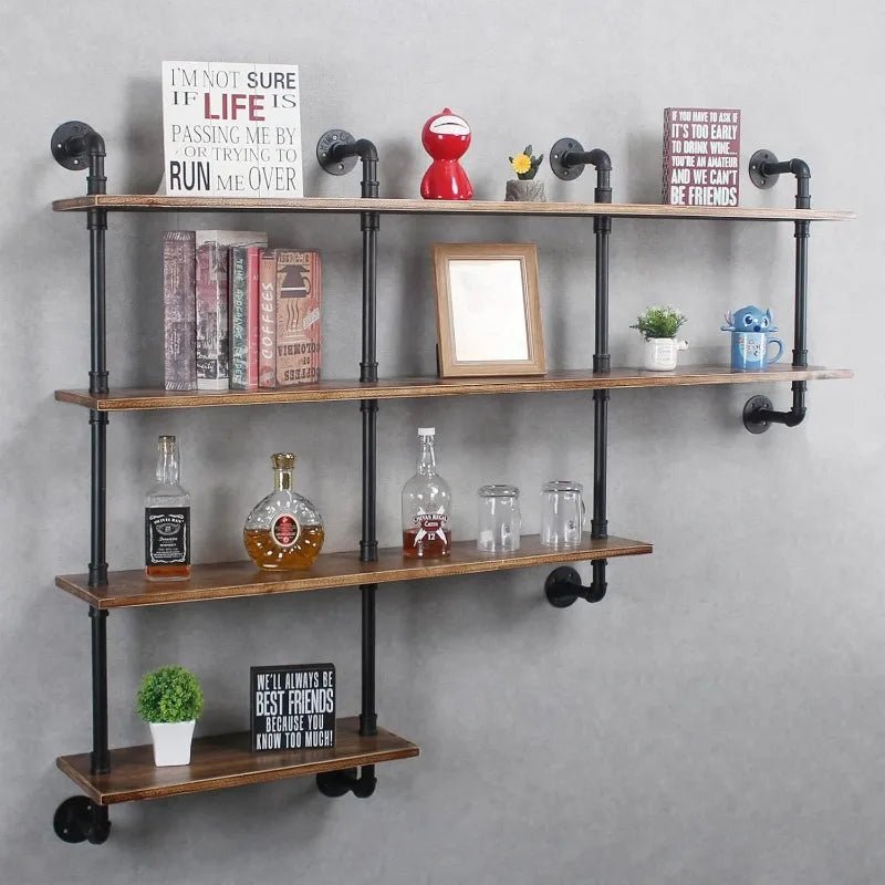 4 - Tiers 63inch Industrial Pipe Shelving,Rustic Floating Shelves,Shelves Wall Mount With Wine Rack,Decorative Accent Wall - Walmarkettt.com