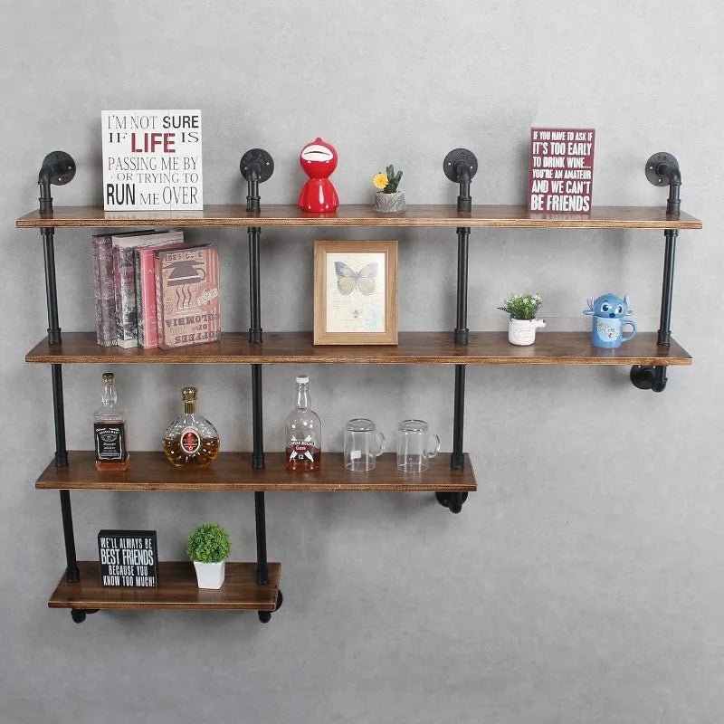4 - Tiers 63inch Industrial Pipe Shelving,Rustic Floating Shelves,Shelves Wall Mount With Wine Rack,Decorative Accent Wall - Walmarkettt.com