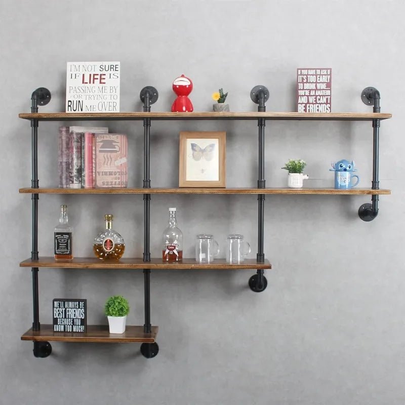 4 - Tiers 63inch Industrial Pipe Shelving,Rustic Floating Shelves,Shelves Wall Mount With Wine Rack,Decorative Accent Wall - Walmarkettt.com