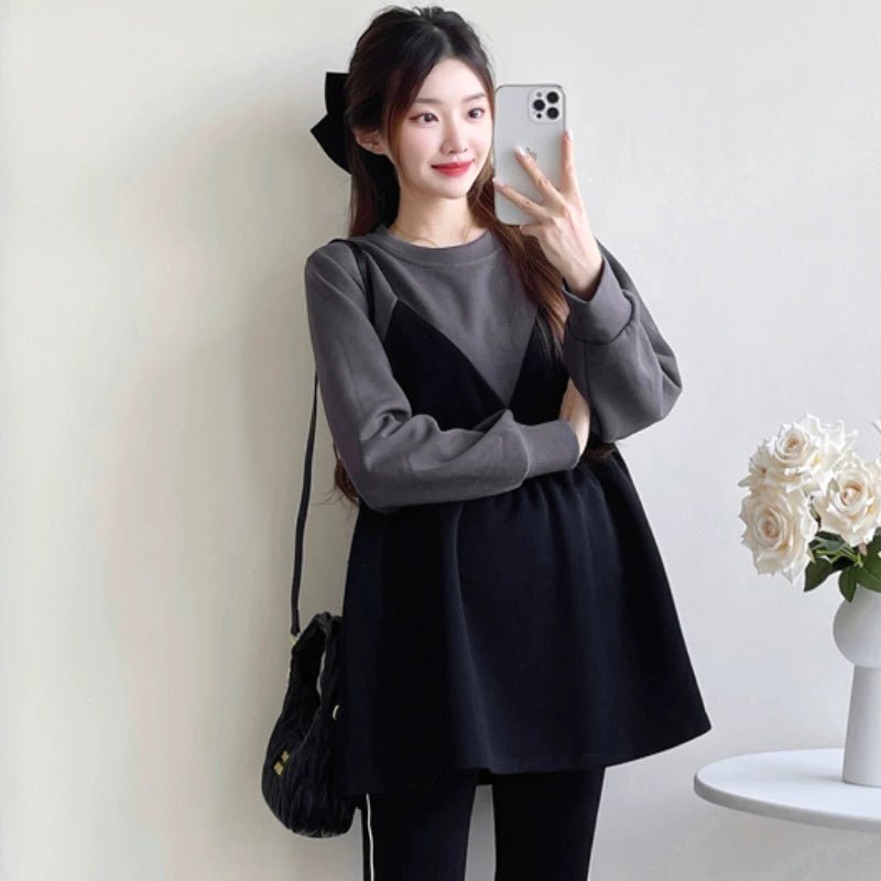 Autumn Clothes for Pregnant Women 2025 New Arrival Dress Autumn and Winter Going out Clothes K - style Fashion Velvet Padded Loose Sweatshirt Skirt - Walmarkettt.com