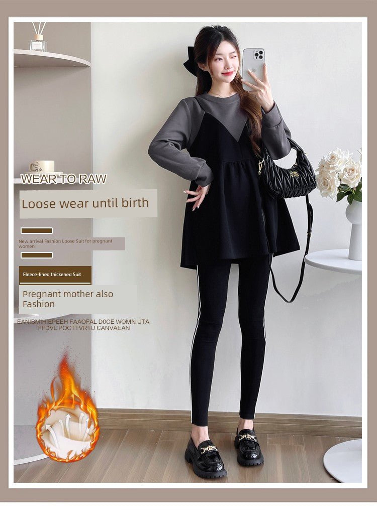 Autumn Clothes for Pregnant Women 2025 New Arrival Dress Autumn and Winter Going out Clothes K - style Fashion Velvet Padded Loose Sweatshirt Skirt - Walmarkettt.com