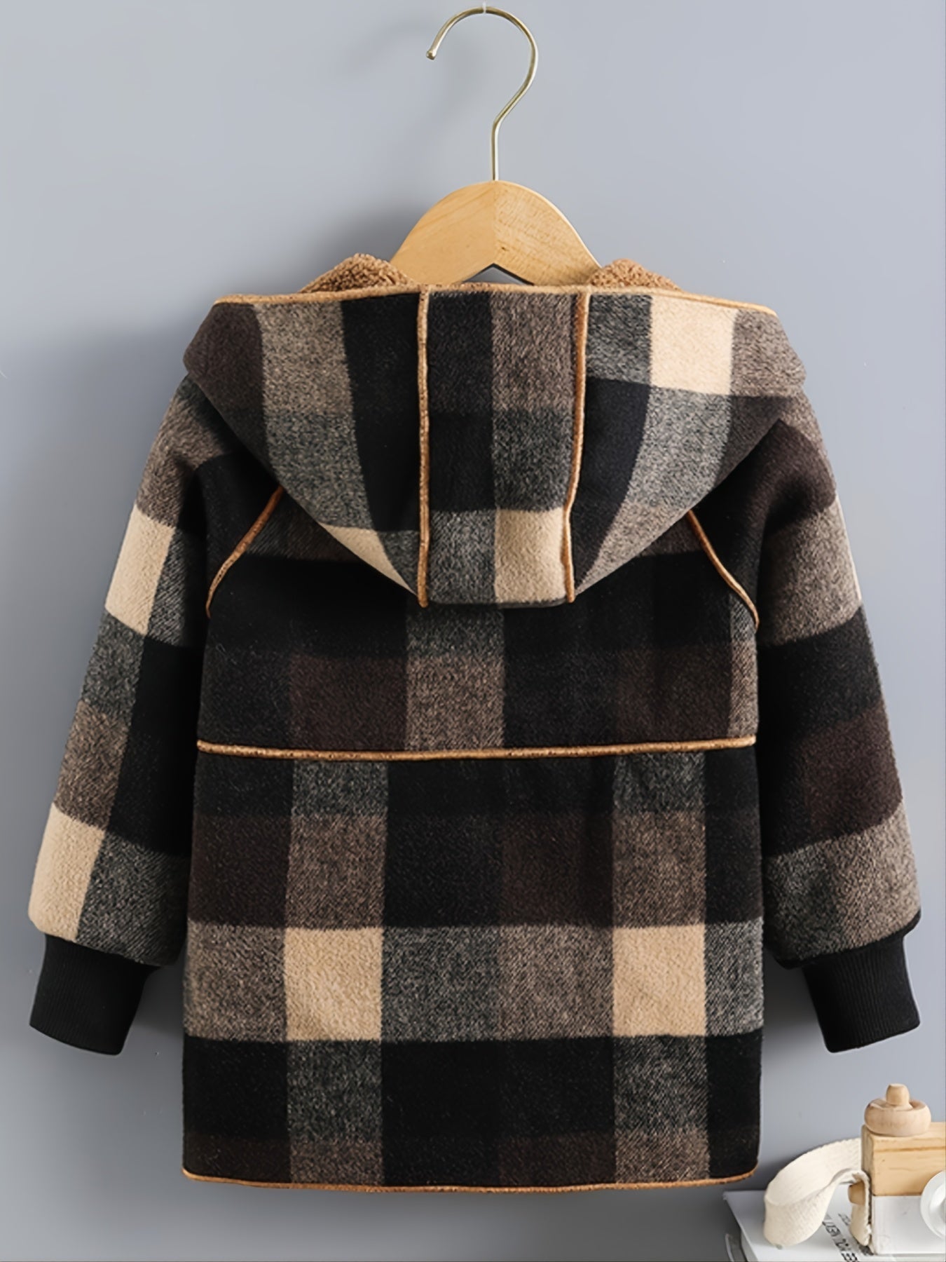 Boys' Cozy Fleece - Lined Plaid Jacket with Button Front, Pockets & Hood - Long Sleeve Casual Winter Coat for Fall/Winter, Brown & Black Checkered Pattern, Cozy Outerwear, Durable Outerwear - Walmarkettt.com