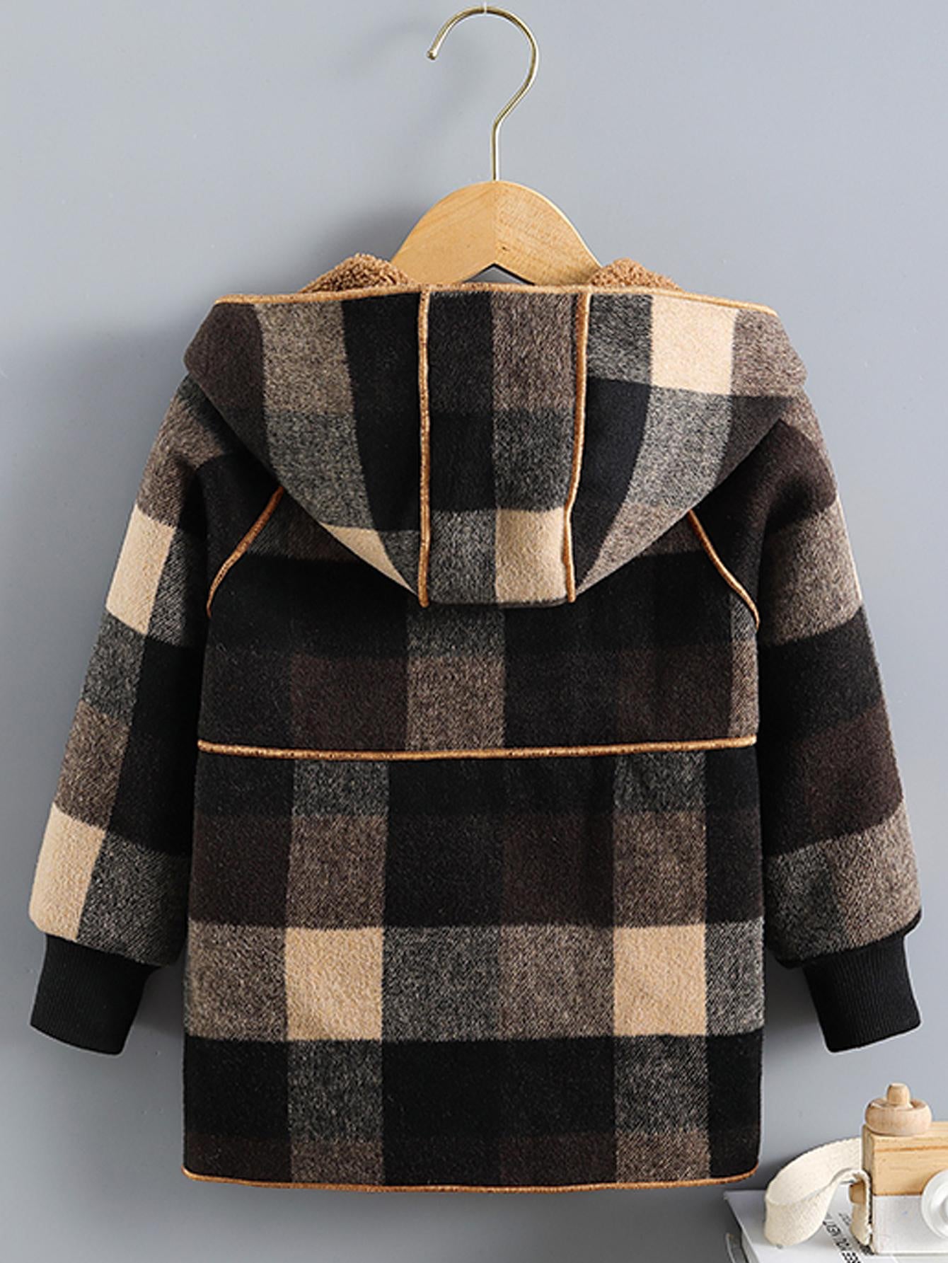 Boys' Cozy Fleece - Lined Plaid Jacket with Button Front, Pockets & Hood - Long Sleeve Casual Winter Coat for Fall/Winter, Brown & Black Checkered Pattern, Cozy Outerwear, Durable Outerwear - Walmarkettt.com