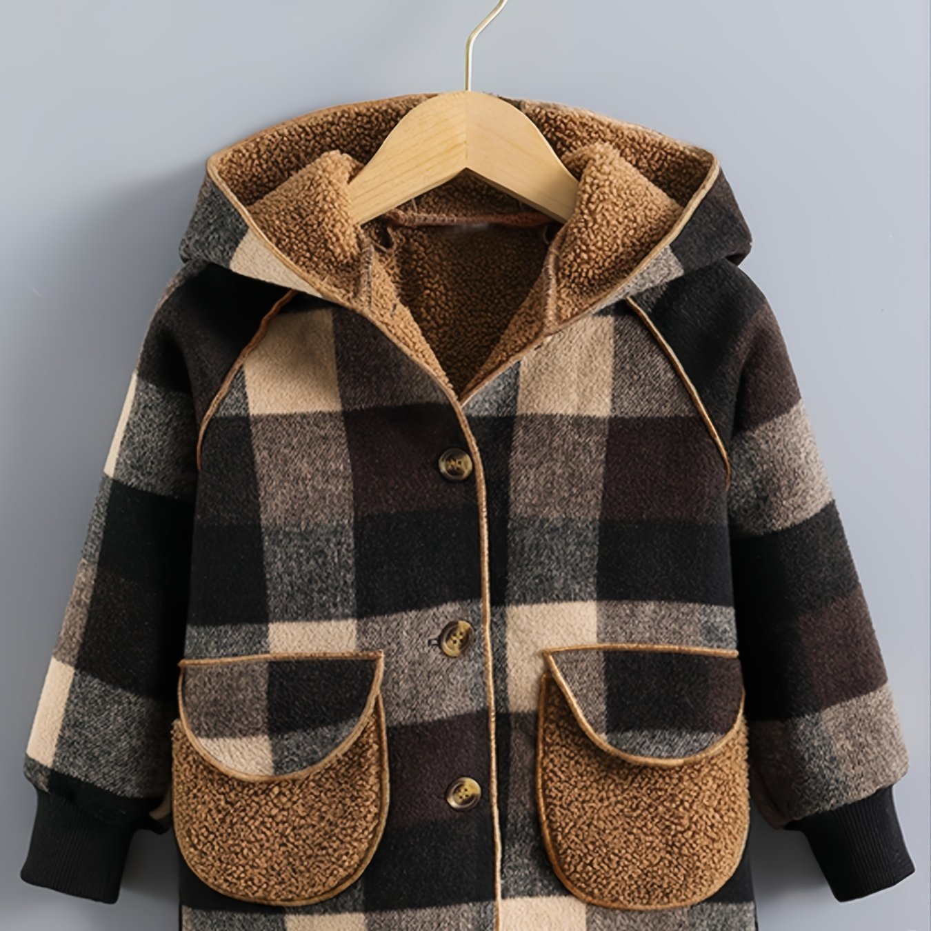 Boys' Cozy Fleece - Lined Plaid Jacket with Button Front, Pockets & Hood - Long Sleeve Casual Winter Coat for Fall/Winter, Brown & Black Checkered Pattern, Cozy Outerwear, Durable Outerwear - Walmarkettt.com