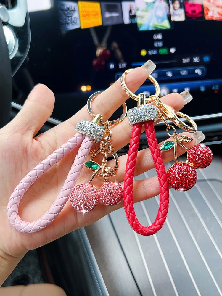 Creative alloy diamond inlaid fruit cherry car keychain fashion with diamond woven rope personalized bag decoration pendant gift - Walmarkettt.com