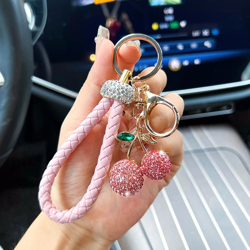 Creative alloy diamond inlaid fruit cherry car keychain fashion with diamond woven rope personalized bag decoration pendant gift - Walmarkettt.com