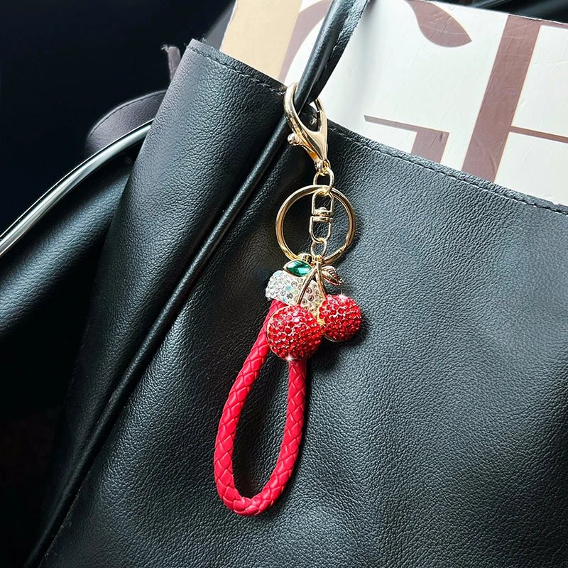 Creative alloy diamond inlaid fruit cherry car keychain fashion with diamond woven rope personalized bag decoration pendant gift - Walmarkettt.com
