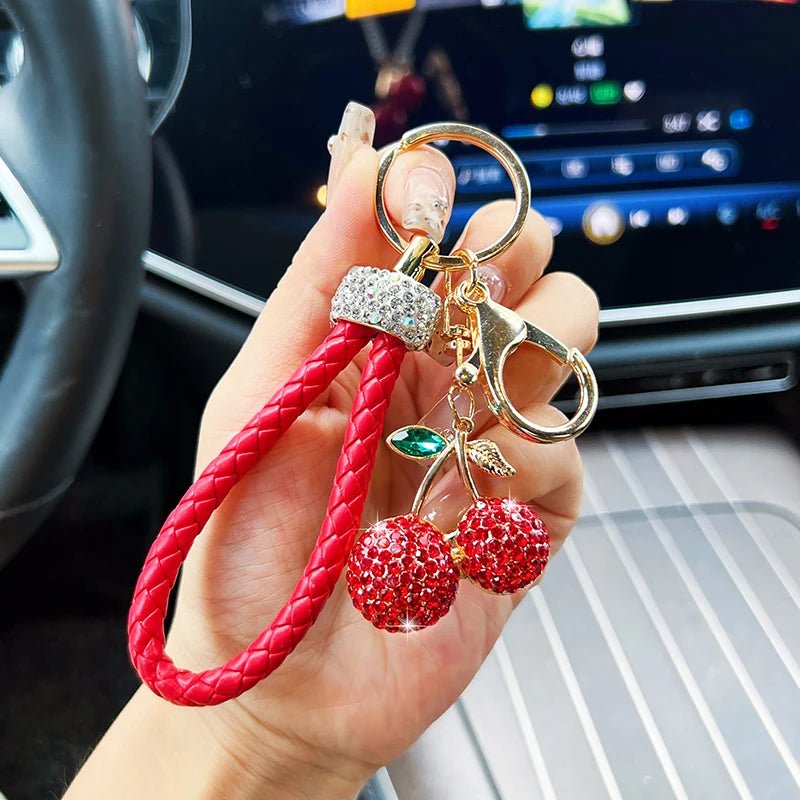 Creative alloy diamond inlaid fruit cherry car keychain fashion with diamond woven rope personalized bag decoration pendant gift - Walmarkettt.com