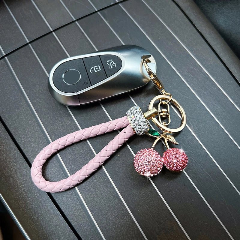 Creative alloy diamond inlaid fruit cherry car keychain fashion with diamond woven rope personalized bag decoration pendant gift - Walmarkettt.com