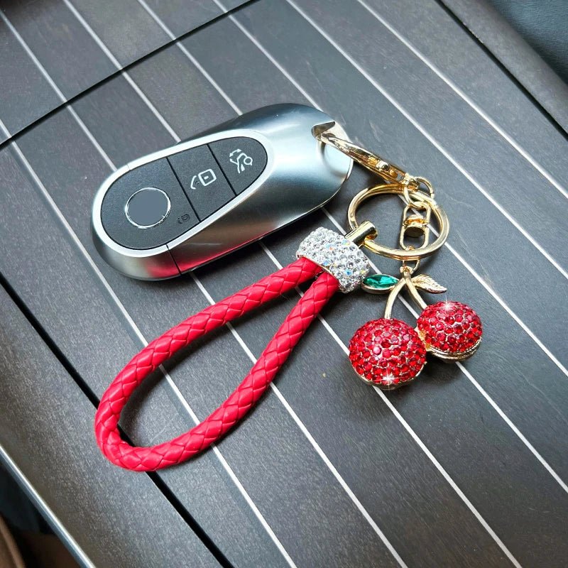 Creative alloy diamond inlaid fruit cherry car keychain fashion with diamond woven rope personalized bag decoration pendant gift - Walmarkettt.com