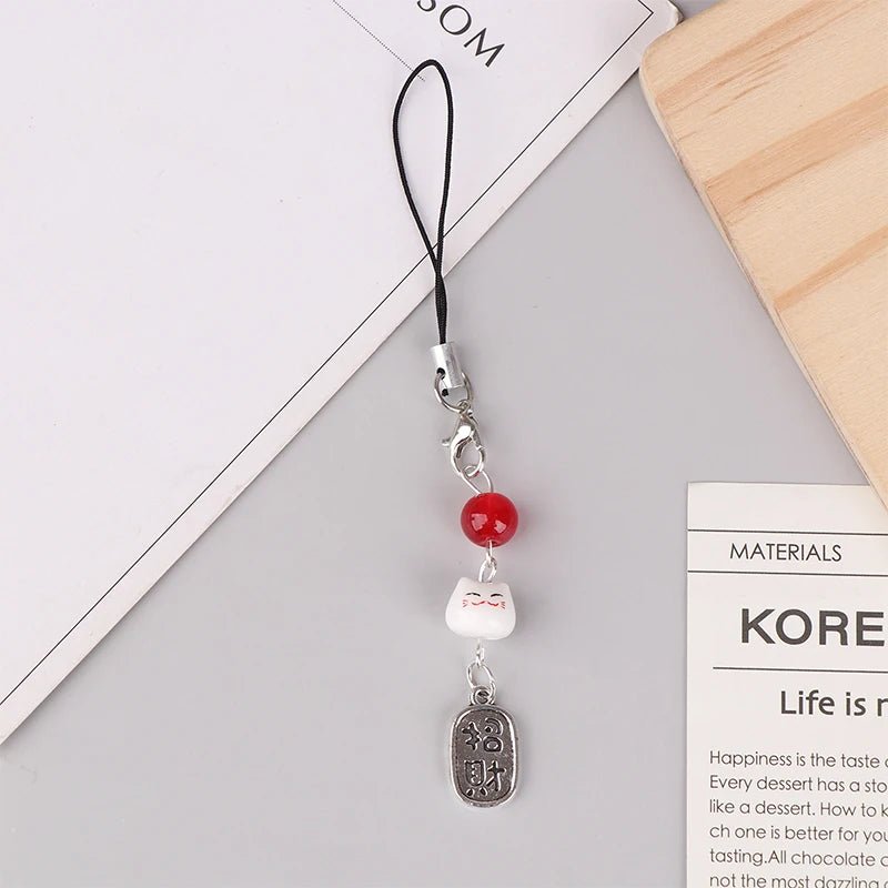 Cute Kawaii Lucky Money Cat Phone Charms Beaded Key Chain For Woman Bag Pendant CCD Camera Decoration - Walmarkettt.com