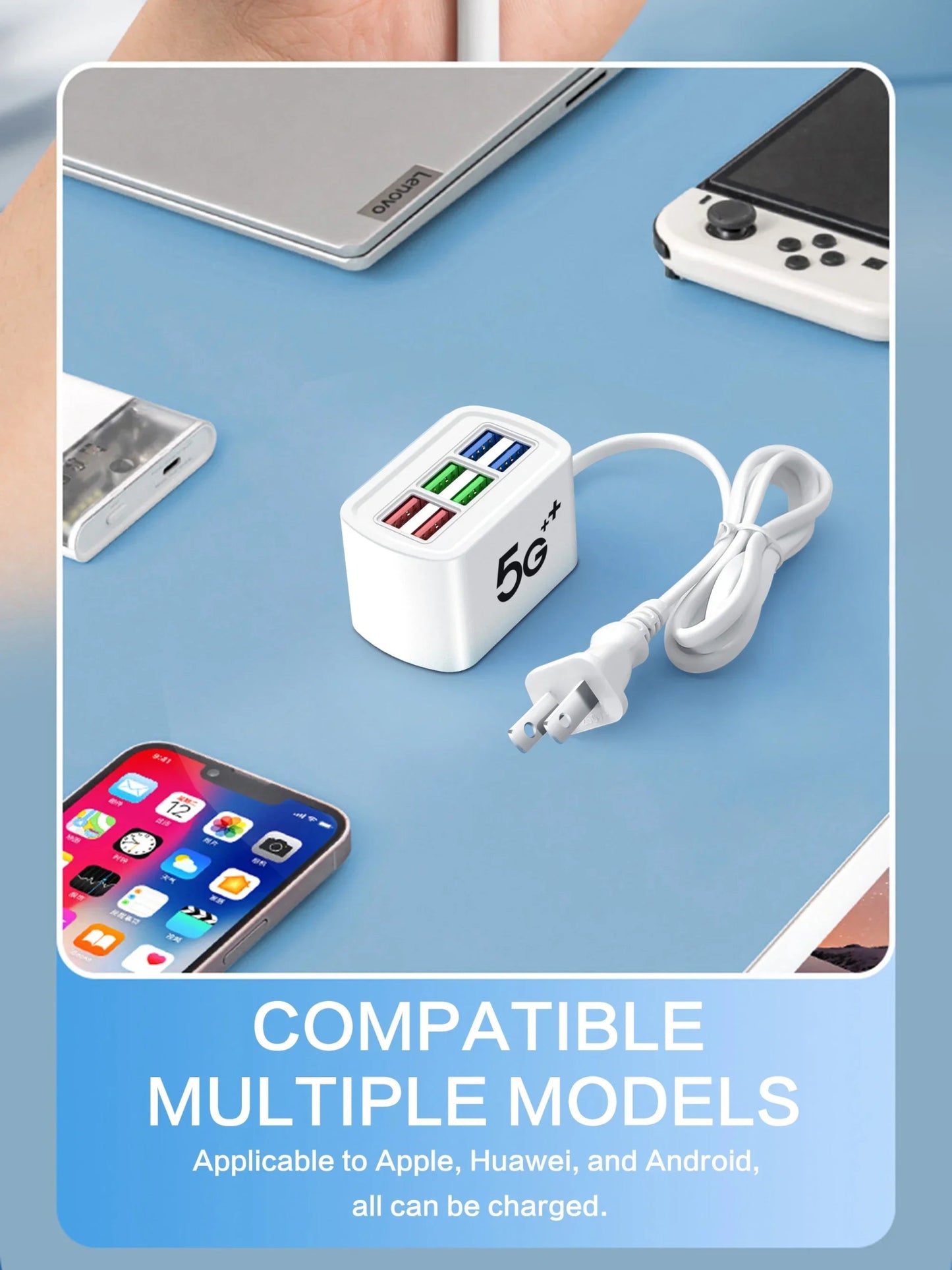 Fast USB Charger 6 in 1 Power Strip Desktop Charging Station Fast Charging 1m Cord USB HUB Adapter Socket for iPhone 16 Home - Walmarkettt.com