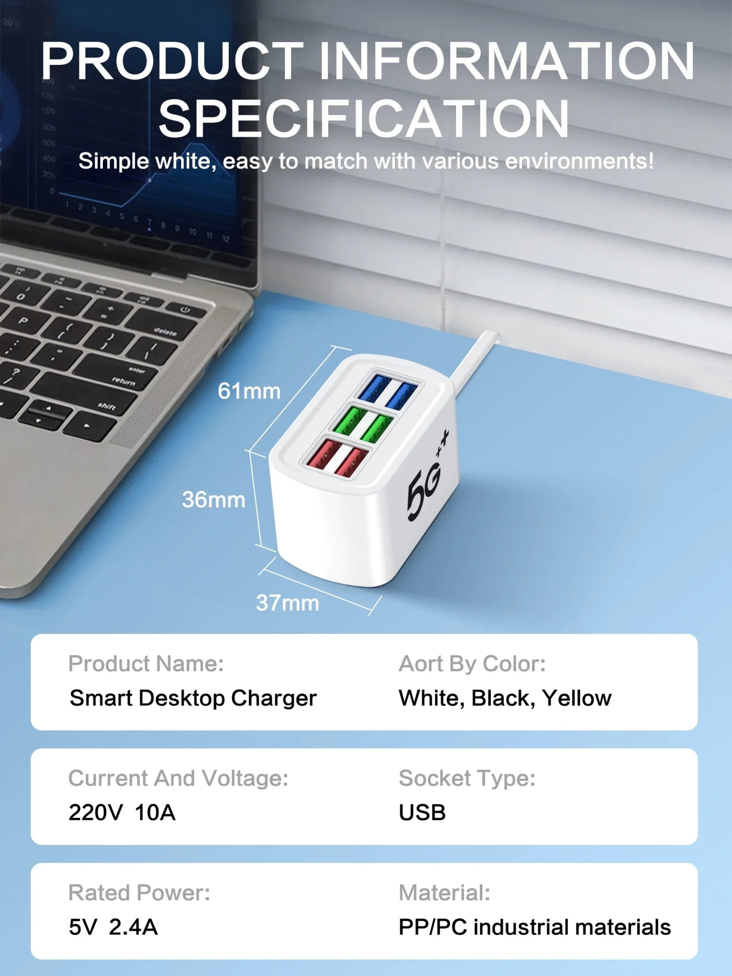 Fast USB Charger 6 in 1 Power Strip Desktop Charging Station Fast Charging 1m Cord USB HUB Adapter Socket for iPhone 16 Home - Walmarkettt.com