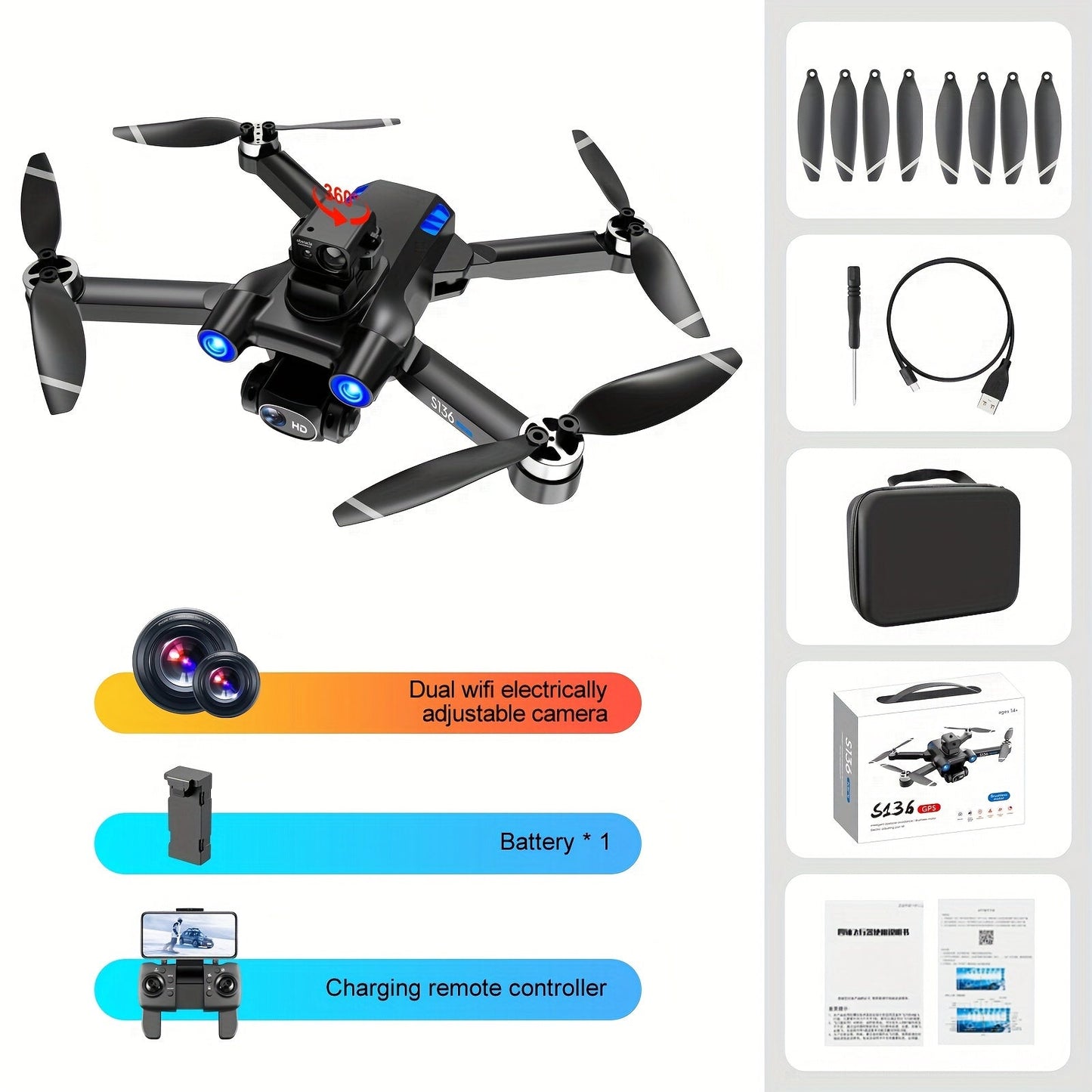 HD Dual Camera S136 UAV Drone with GPS, 360° Obstacle Avoidance, Optical Flow Hovering, One - Key Takeoff, and Fail - Safe Return - Perfect for Beginners and Men's Gifts - Walmarkettt.com