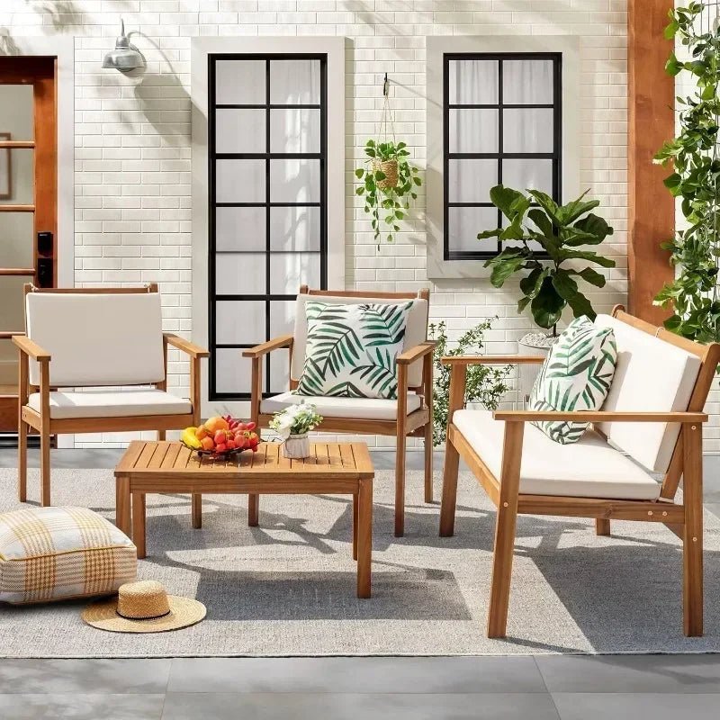 HOME Patio Furniture 4 Piece Outdoor Acacia Wood Patio Conversation Sofa Set with Table & Cushions Porch Furniture - Walmarkettt.com