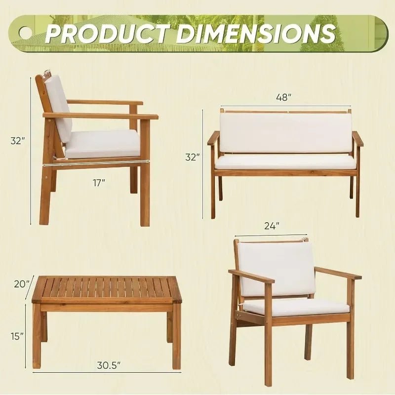 HOME Patio Furniture 4 Piece Outdoor Acacia Wood Patio Conversation Sofa Set with Table & Cushions Porch Furniture - Walmarkettt.com