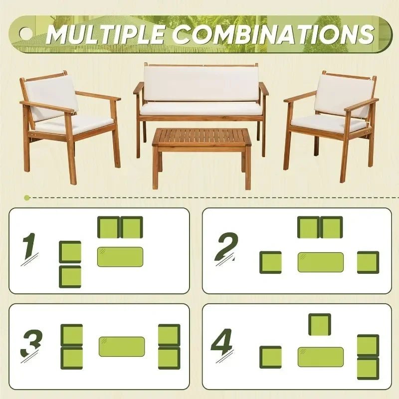 HOME Patio Furniture 4 Piece Outdoor Acacia Wood Patio Conversation Sofa Set with Table & Cushions Porch Furniture - Walmarkettt.com