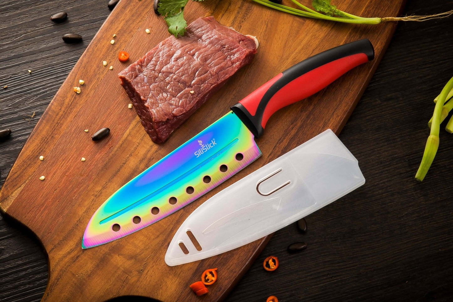 Kitchen Knife Set Kit | Red Handle & Black Magnetic Rack - Walmarkettt.com