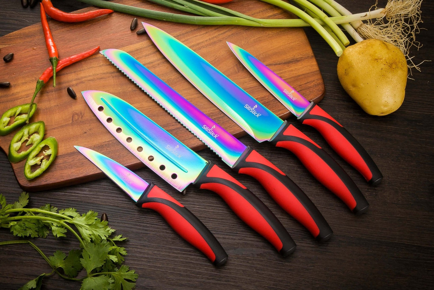 Kitchen Knife Set Kit | Red Handle & Black Magnetic Rack - Walmarkettt.com