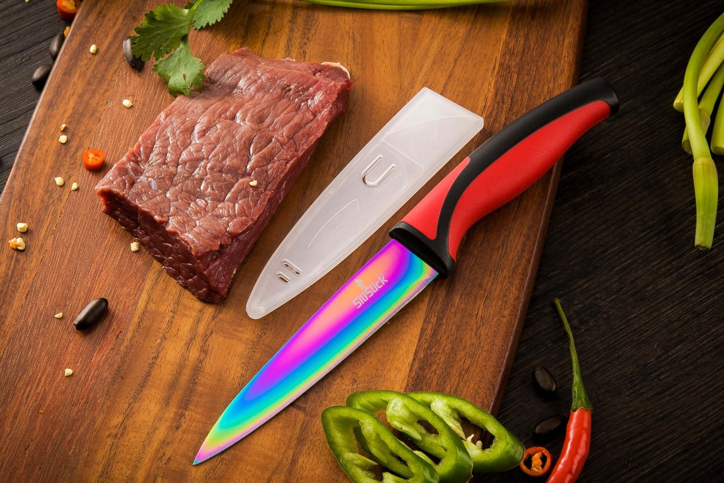 Kitchen Knife Set Kit | Red Handle & Black Magnetic Rack - Walmarkettt.com