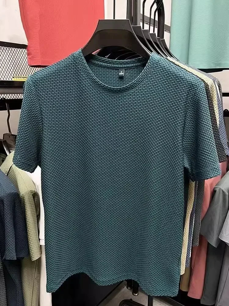 Men's Short Sleeve Mesh Bamboo Ice Silk T-shirt Casual Versatile Summer Elastic Slimming Top for Men - Walmarkettt.com