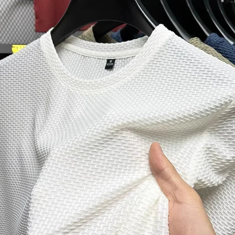 Men's Short Sleeve Mesh Bamboo Ice Silk T-shirt Casual Versatile Summer Elastic Slimming Top for Men - Walmarkettt.com