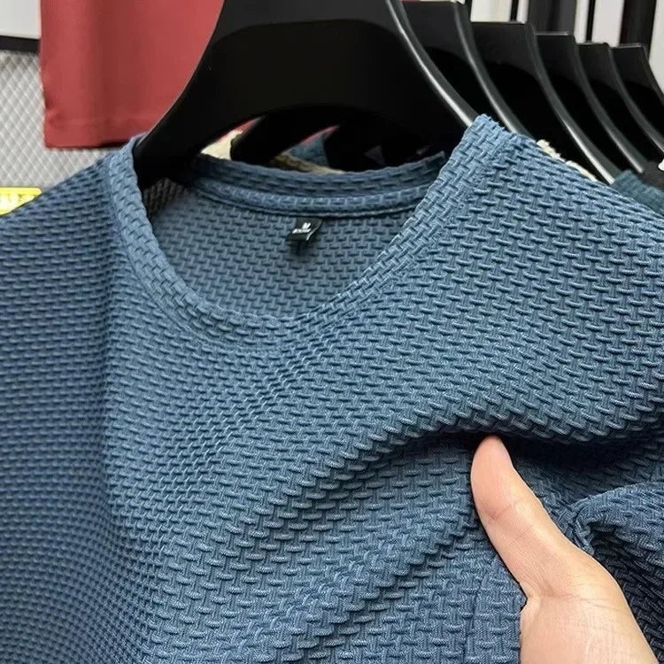 Men's Short Sleeve Mesh Bamboo Ice Silk T-shirt Casual Versatile Summer Elastic Slimming Top for Men - Walmarkettt.com