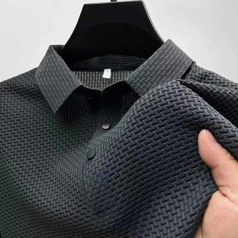 New Men's Business Casual Short Sleeved Bone Flower Solid Color POLO Shirt Fashion Breathable Comfortable Summer Versatile Top - Walmarkettt.com