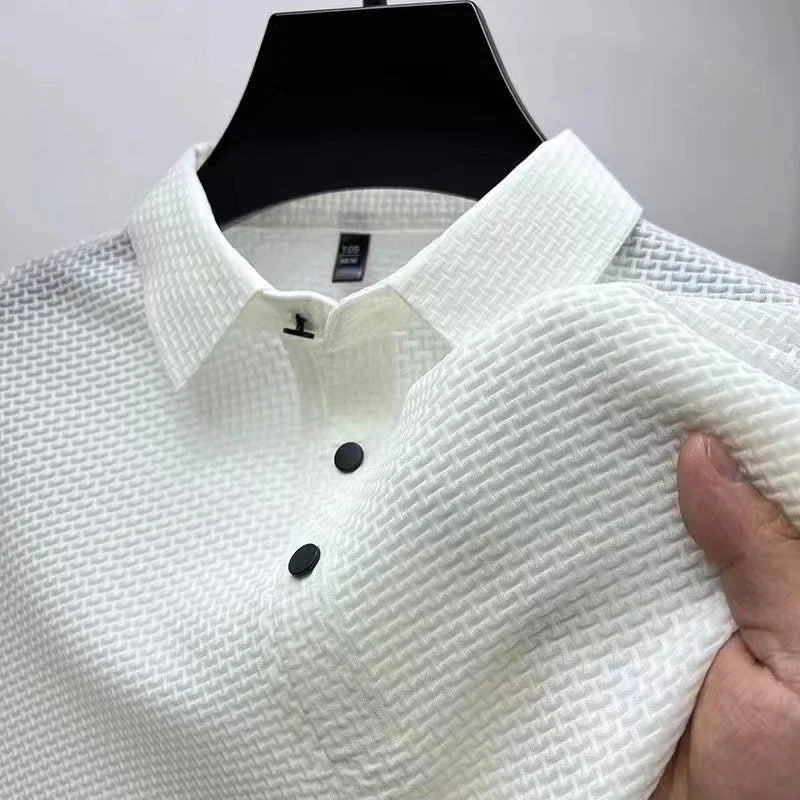 New Men's Business Casual Short Sleeved Bone Flower Solid Color POLO Shirt Fashion Breathable Comfortable Summer Versatile Top - Walmarkettt.com