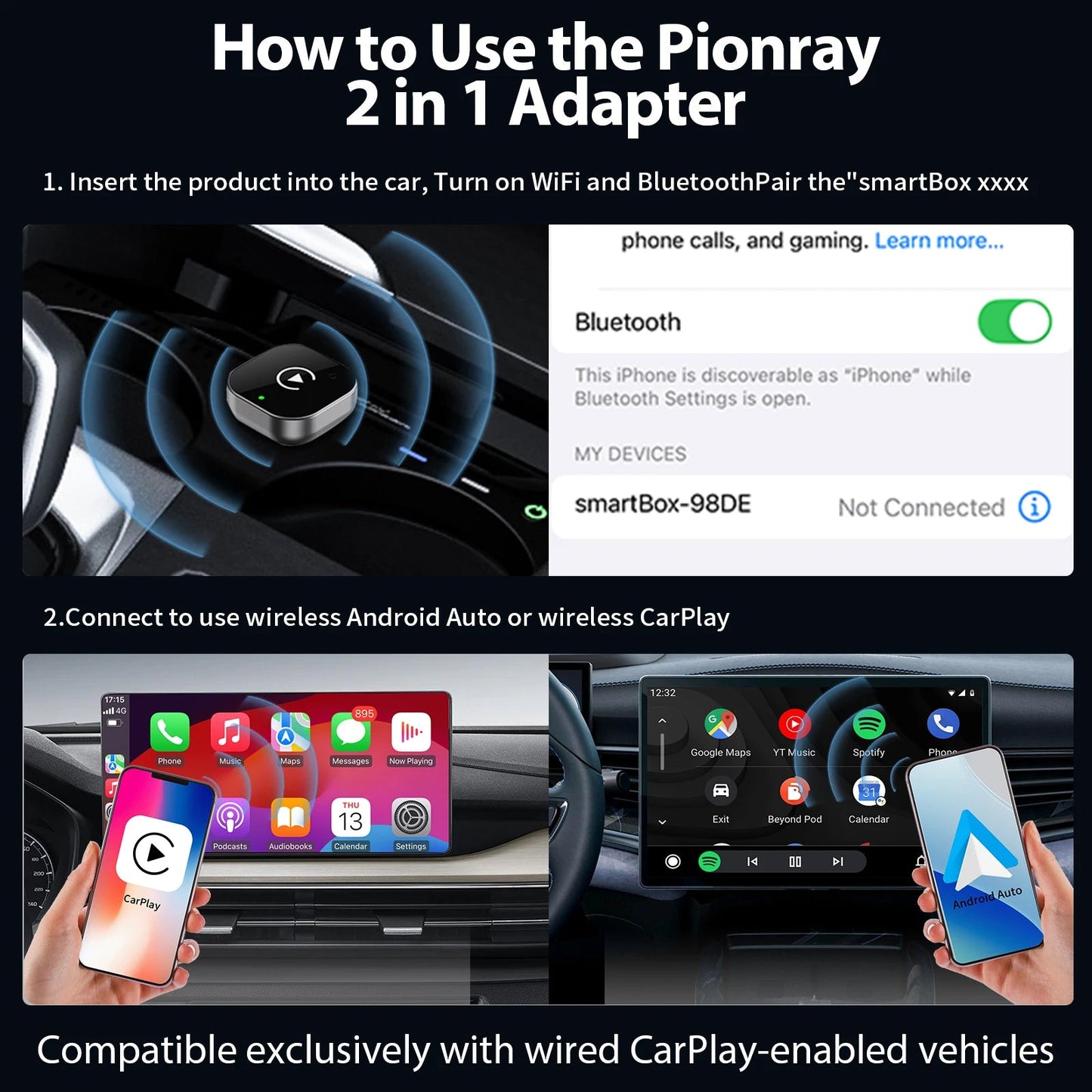 New Pionray 2 in 1 Wireless CarPlay Adapter&Android Auto Wireless Adapter, 5Ghz WiFi Type - C/USB Plug Play CarPlay Wireless - Walmarkettt.com