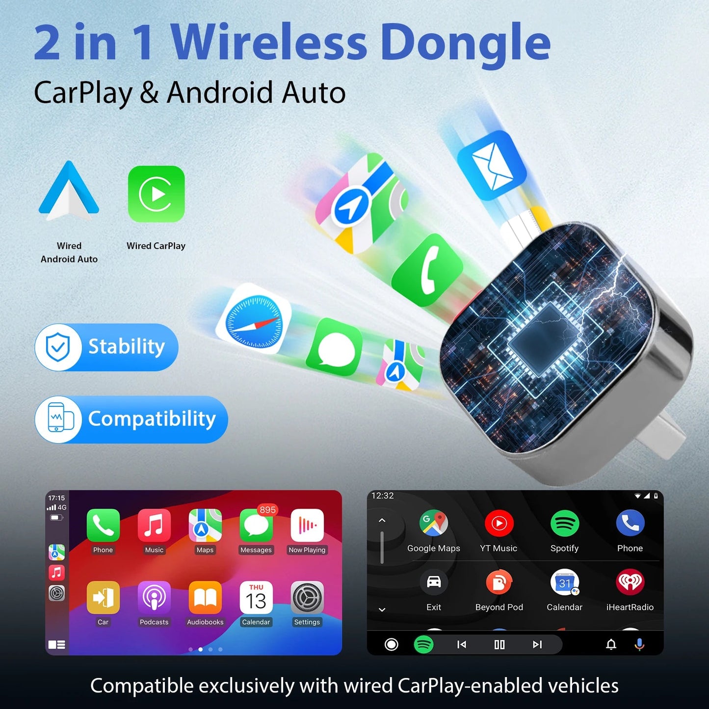 New Pionray 2 in 1 Wireless CarPlay Adapter&Android Auto Wireless Adapter, 5Ghz WiFi Type - C/USB Plug Play CarPlay Wireless - Walmarkettt.com