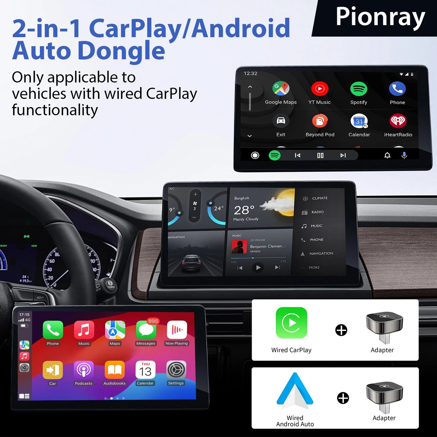 New Pionray 2 in 1 Wireless CarPlay Adapter&Android Auto Wireless Adapter, 5Ghz WiFi Type - C/USB Plug Play CarPlay Wireless - Walmarkettt.com