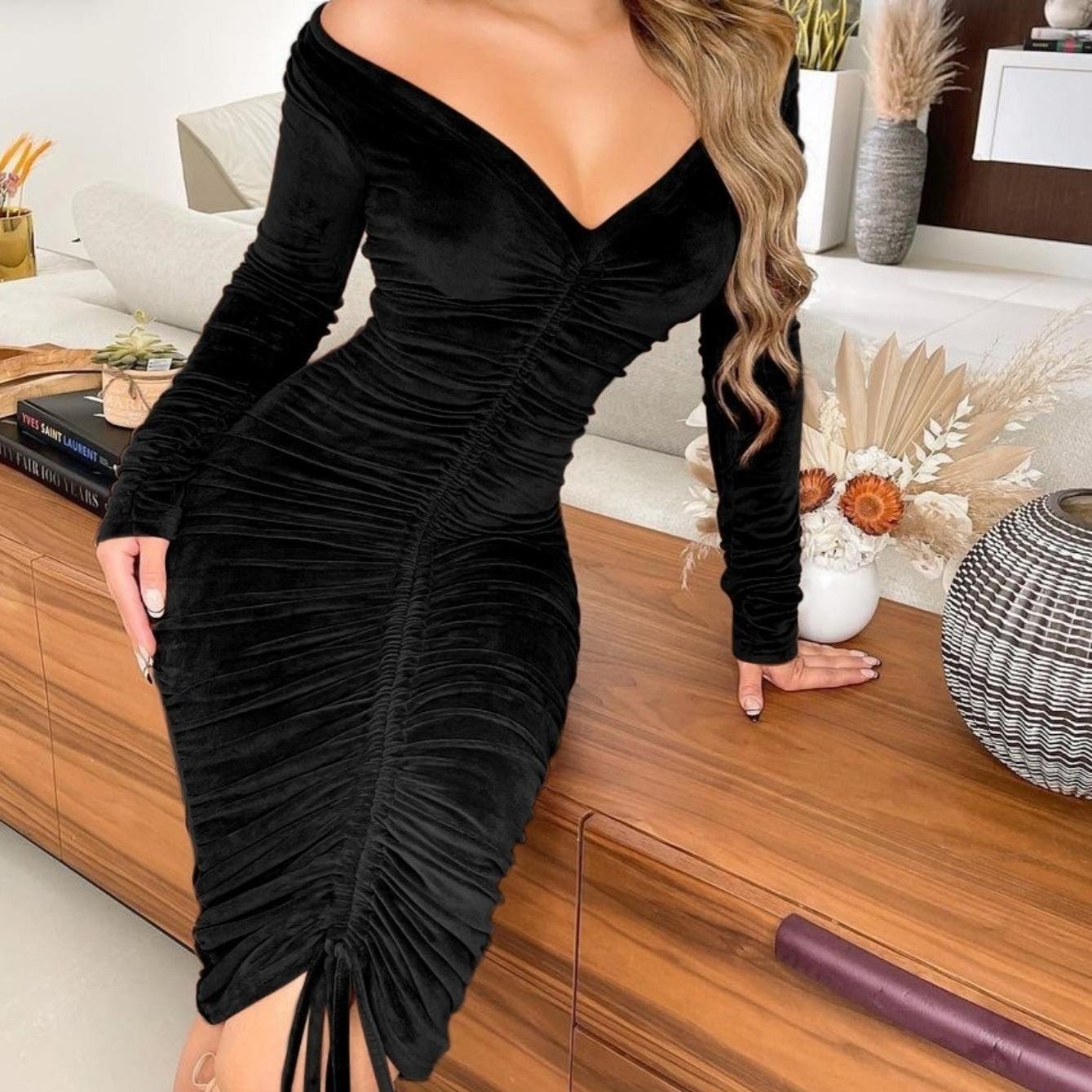 Women's Dresses V Neck Off The Shoulder Velvet Ruched Mid - length Dresses - Walmarkettt.com