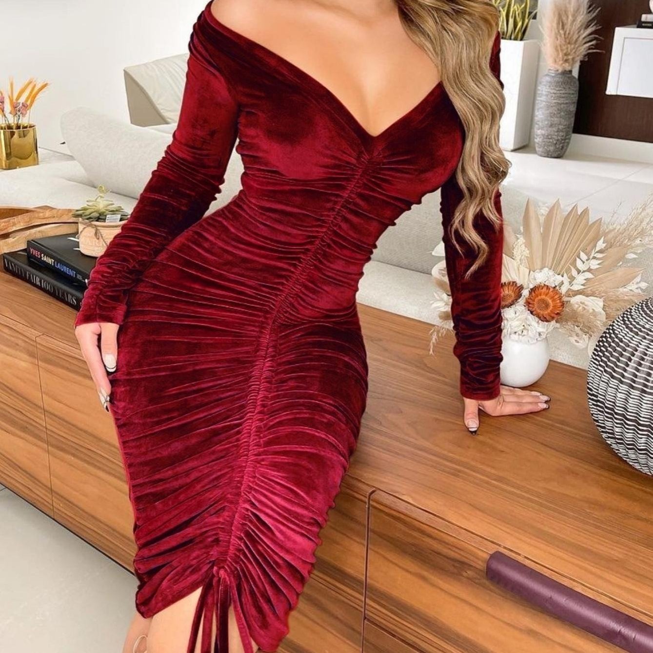 Women's Dresses V Neck Off The Shoulder Velvet Ruched Mid - length Dresses - Walmarkettt.com