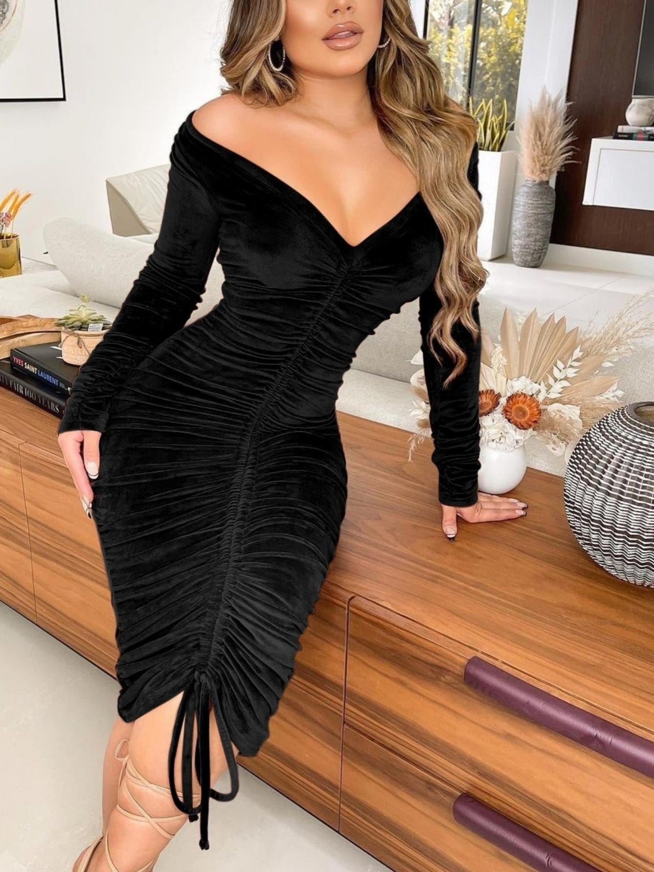 Women's Dresses V Neck Off The Shoulder Velvet Ruched Mid - length Dresses - Walmarkettt.com