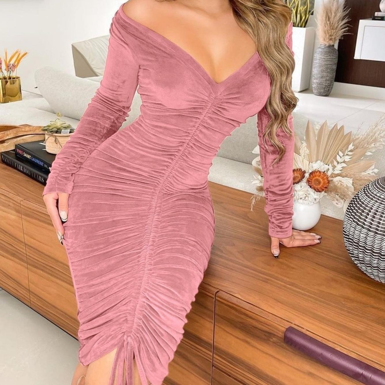 Women's Dresses V Neck Off The Shoulder Velvet Ruched Mid - length Dresses - Walmarkettt.com