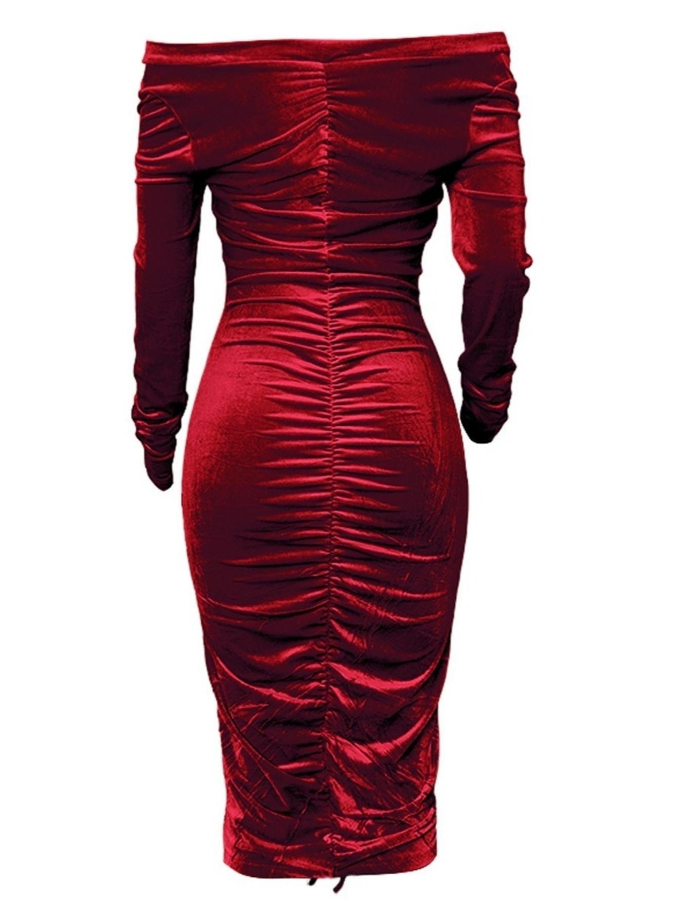 Women's Dresses V Neck Off The Shoulder Velvet Ruched Mid - length Dresses - Walmarkettt.com