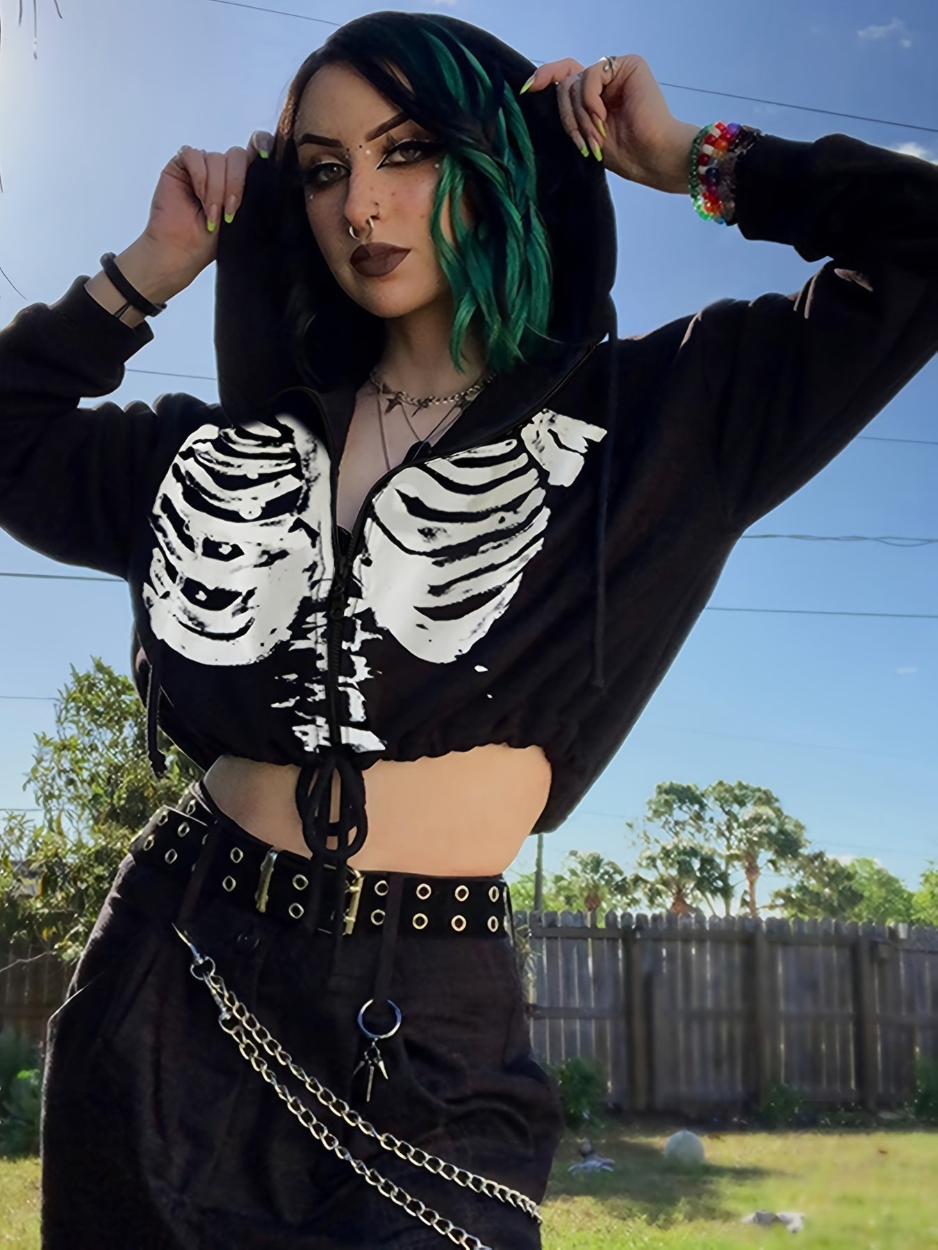 Women's Gothic Skull Print Casual Drawstring Short Hoodie Long Sleeve Top - Walmarkettt.com