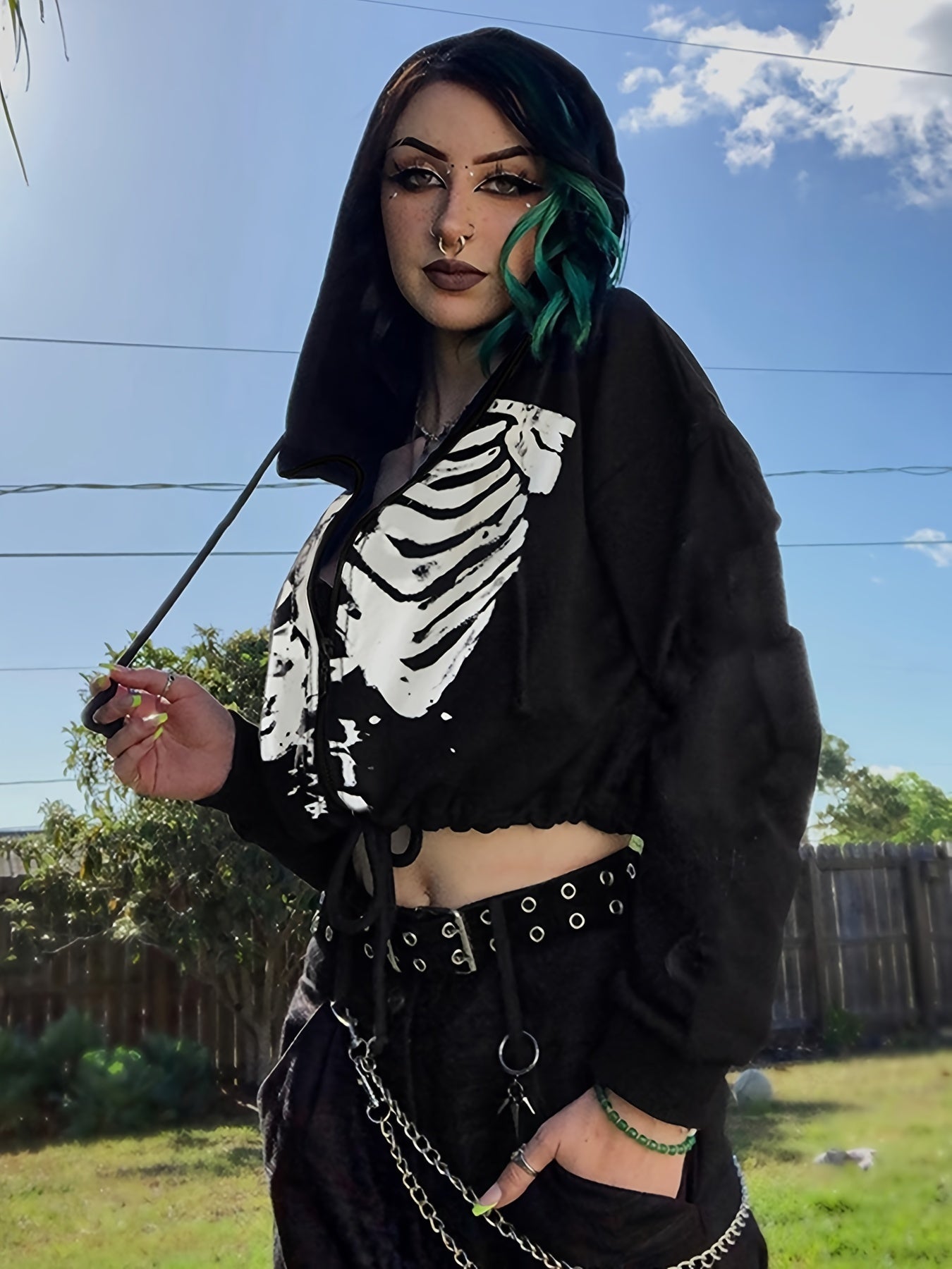 Women's Gothic Skull Print Casual Drawstring Short Hoodie Long Sleeve Top - Walmarkettt.com