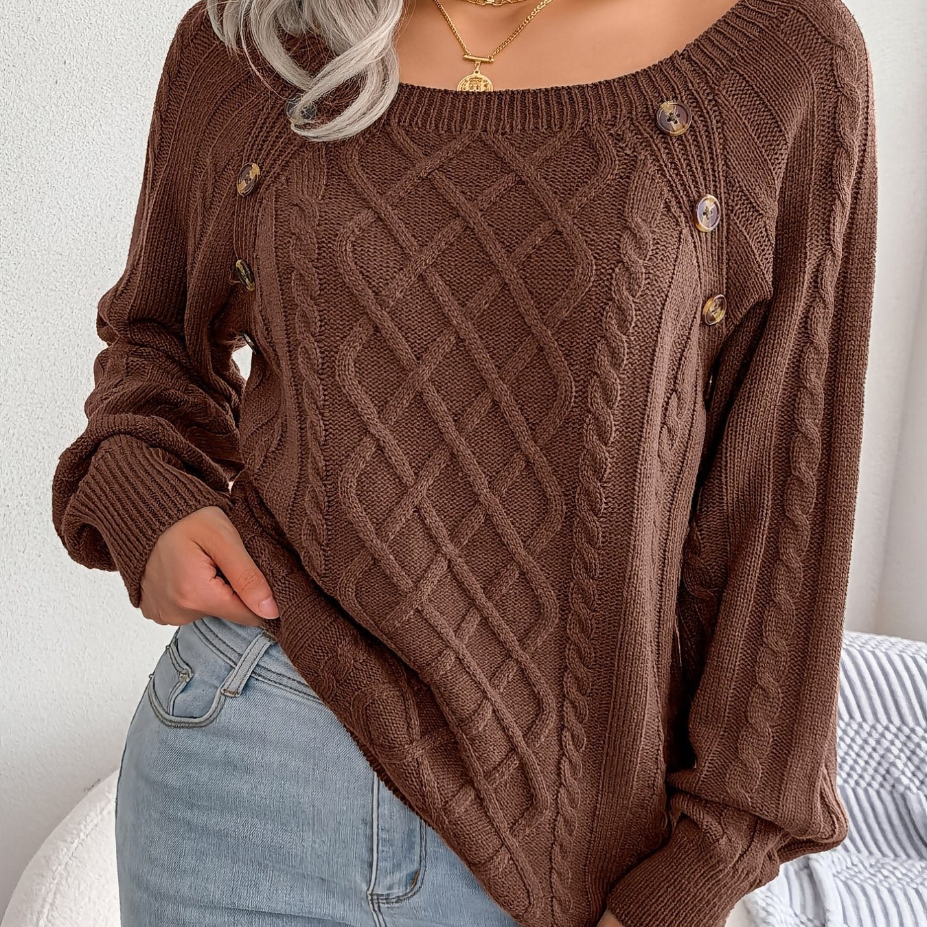 Women's Sweater Round Neck Texture Button Lantern Sleeve Sweater - Walmarkettt.com