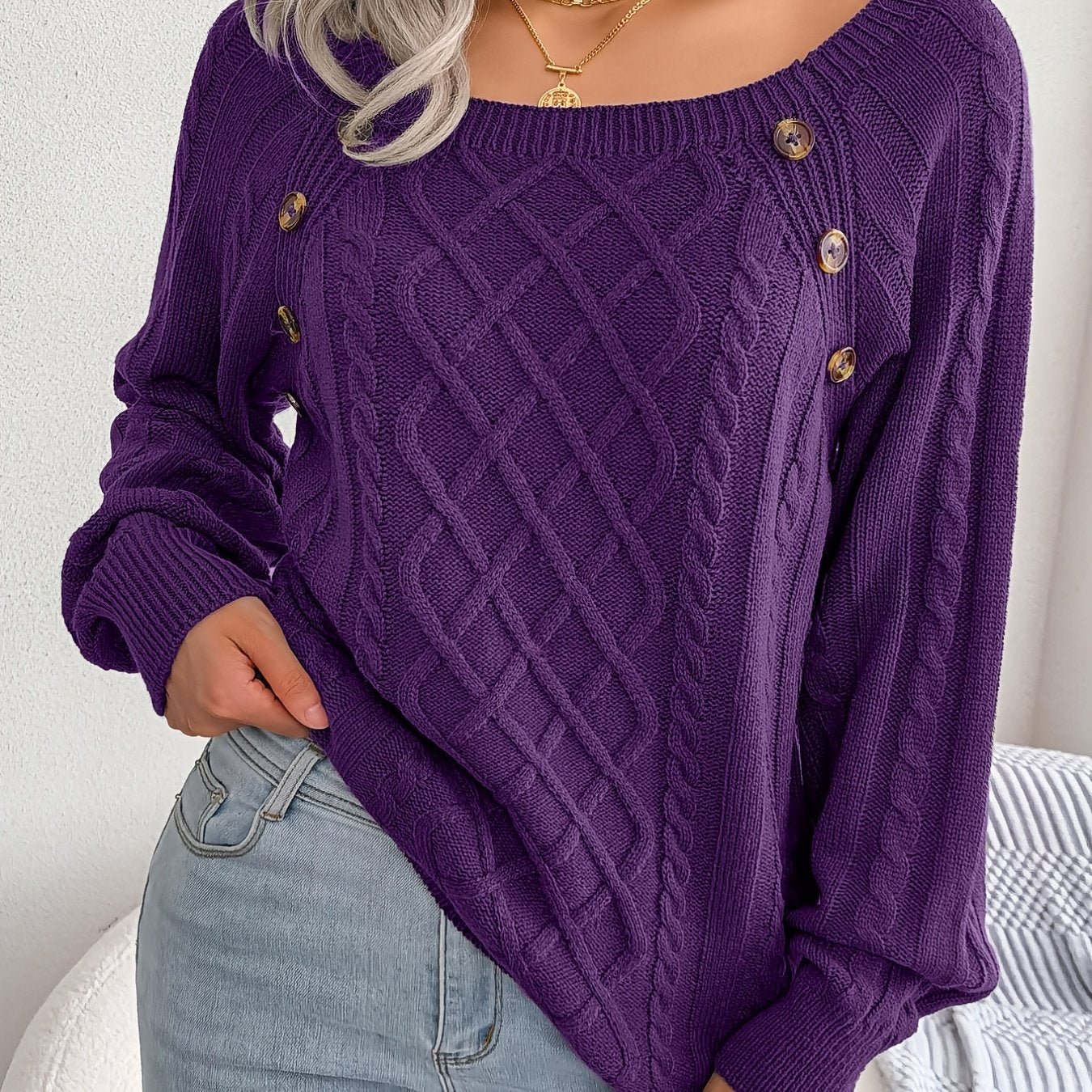 Women's Sweater Round Neck Texture Button Lantern Sleeve Sweater - Walmarkettt.com