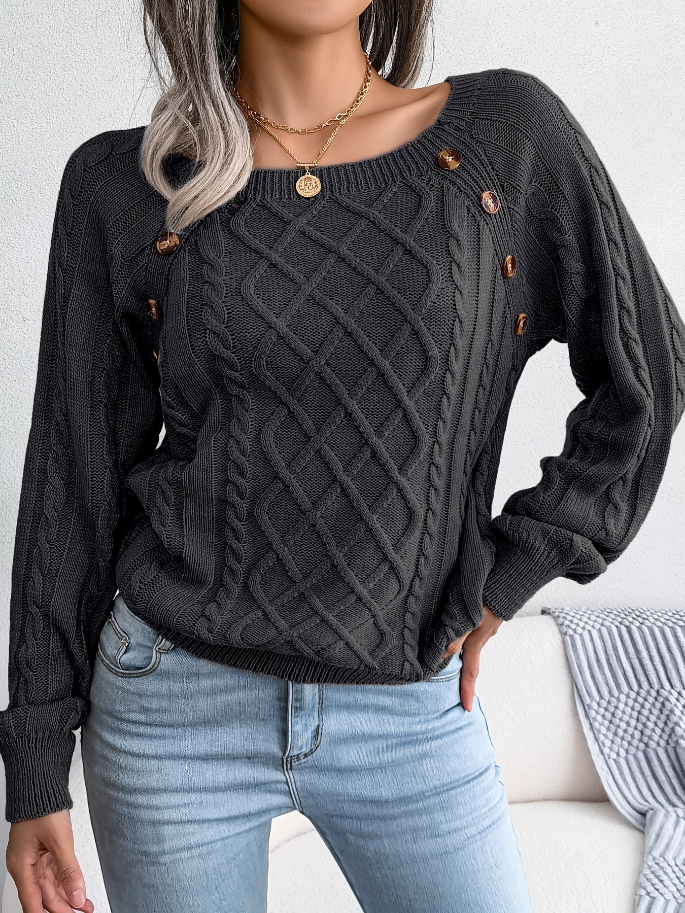 Women's Sweater Round Neck Texture Button Lantern Sleeve Sweater - Walmarkettt.com
