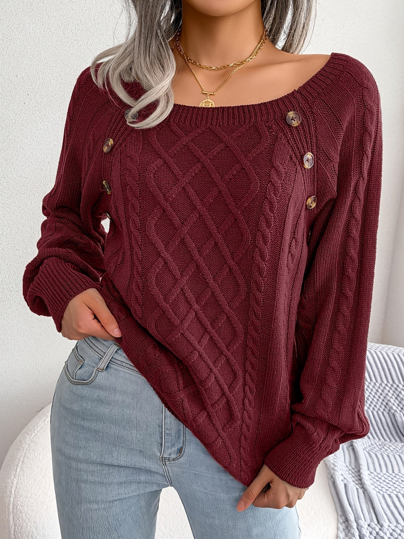 Women's Sweater Round Neck Texture Button Lantern Sleeve Sweater - Walmarkettt.com