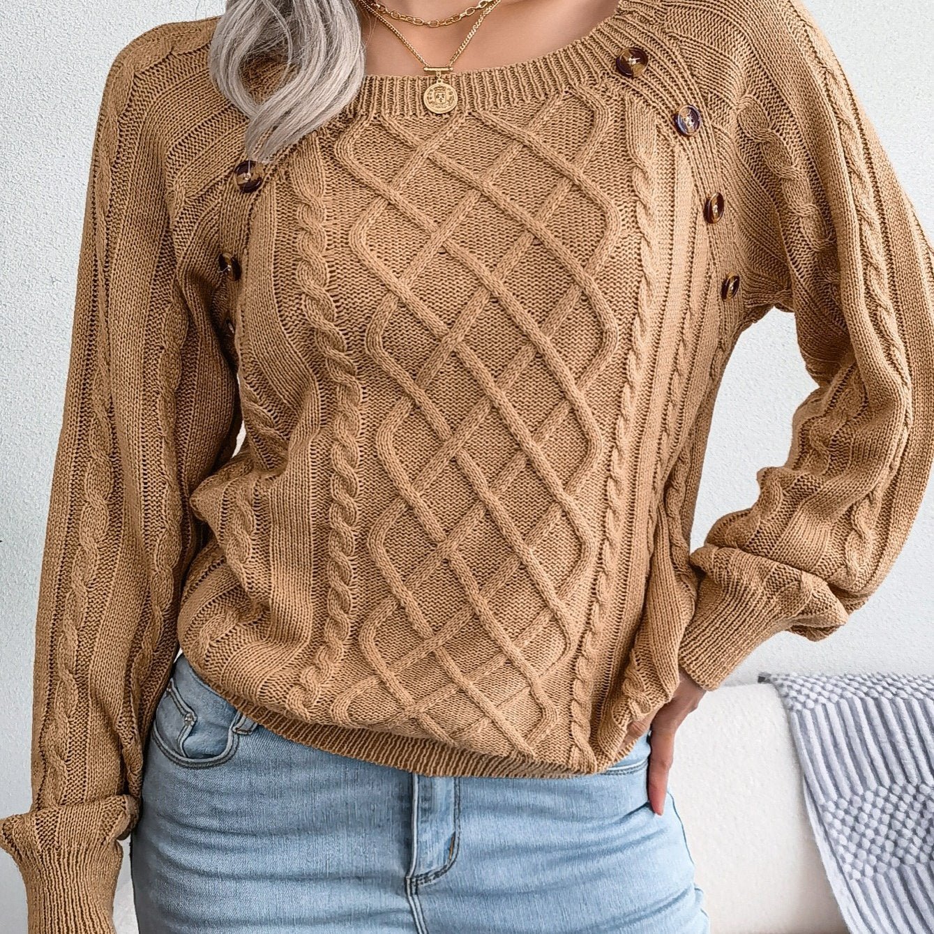 Women's Sweater Round Neck Texture Button Lantern Sleeve Sweater - Walmarkettt.com