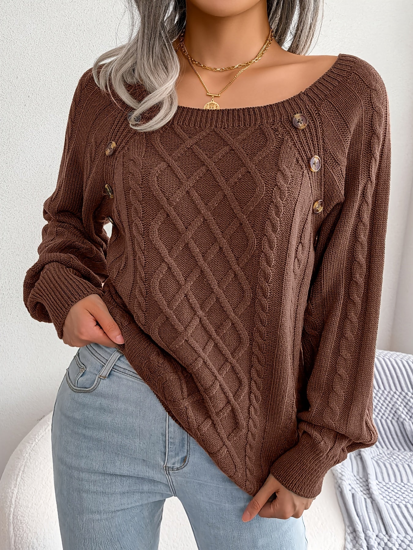 Women's Sweater Round Neck Texture Button Lantern Sleeve Sweater - Walmarkettt.com