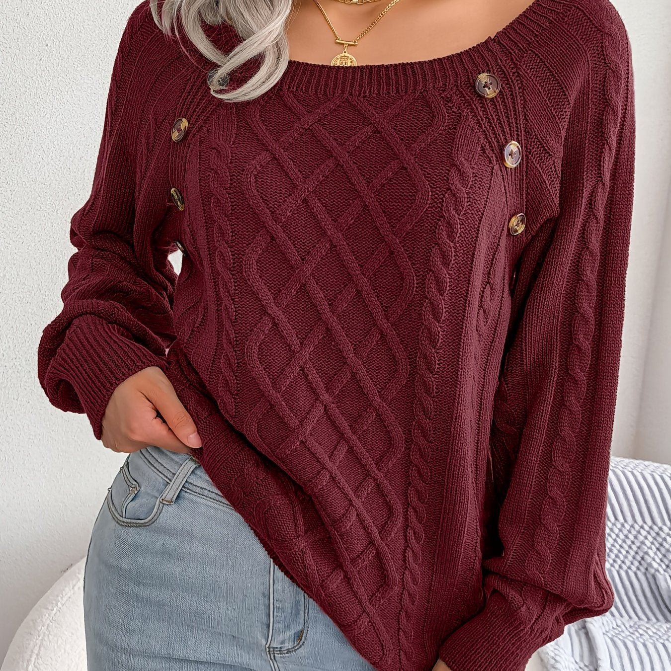 Women's Sweater Round Neck Texture Button Lantern Sleeve Sweater - Walmarkettt.com